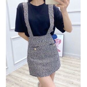 JIFFUNNY & DO Tweed Raw Edge Pencil Skirt with Shoulder Straps